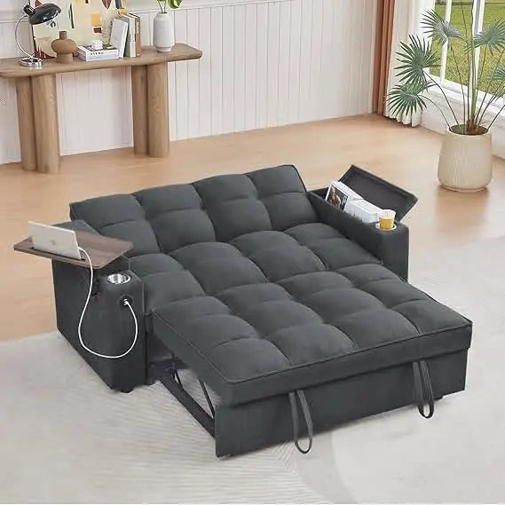 65'' 3-in-1 Folding Convertible Queen Size Pullout Sofa Bed, Modern Chenille Fabric, 360° Swivel Side Table