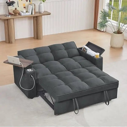 65'' 3-in-1 Folding Convertible Queen Size Pullout Sofa Bed, Modern Chenille Fabric, 360° Swivel Side Table