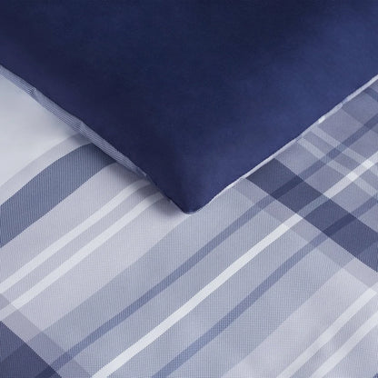 7-Piece Full Bedding Set, Antimicrobial, Stain Resistant, Hypoallergenic Polyester, Blue Plaid Bed-in-a-Bag Comforter Sheet