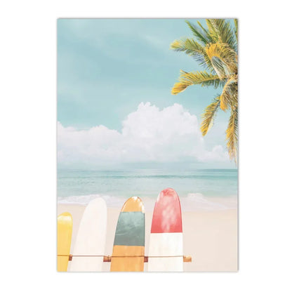 Summer Sea Beach, Coconut Tree, Surfboard Posters And Prints, Seagull Swan Wall Art, Canvas Painting