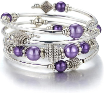 Beaded Chakra Bangle Turquoise Bracelet , Thick Silver Metal and Mala Beads