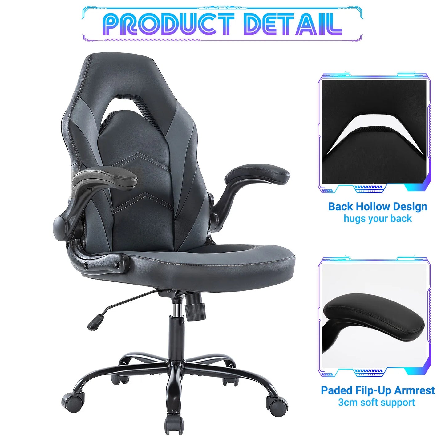 JHK Ergonomic Office Computer Home Gaming Desk Chair, Adjustable, PU Leather, Flip-up Armrest