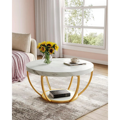 32" Circle Marble Coffee Table, 2-Tier Golden Metal Legs Accent Center Table