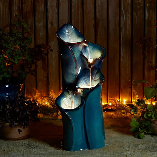 Outdoor Fountain With LED Lights, Water Pump, 4-storey Ceramic Floor, Waterfall Courtyard Vase