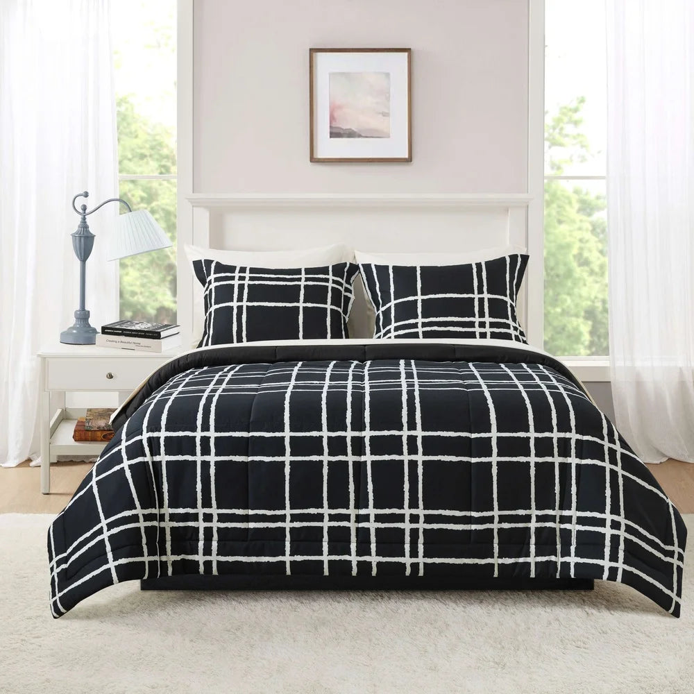 7-Piece Full Reversible Comforter Set, Sheets, Pillowcases, Shams, Storage Bag, Soft Polyester Bedding, Black White Checker