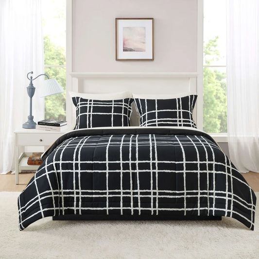 7-Piece Full Reversible Comforter Set, Sheets, Pillowcases, Shams, Storage Bag, Soft Polyester Bedding, Black White Checker