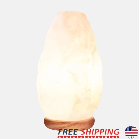 Natural White Salt Crystal Lamp, Handmade, Neem Wooden Base, Adjustable Brightness