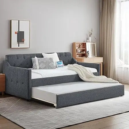 Antetek Twin-to-King Size Daybed with Pop Up Trundle, Modern Button Tufted Linen Upholstered Sofa Bed Frame