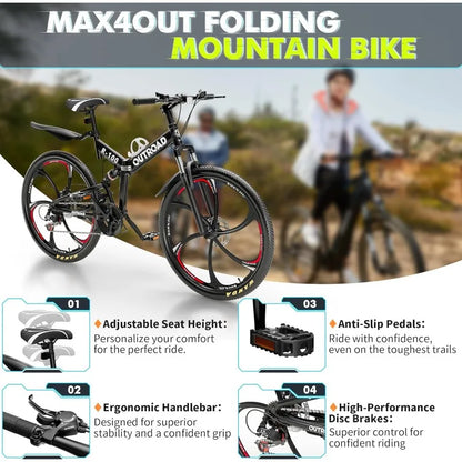 26 Inch Folding Mountain Bike, 21 Speed Full Suspension, High-Carbon Steel, Dual Disc Brake, Non-Slip Quick