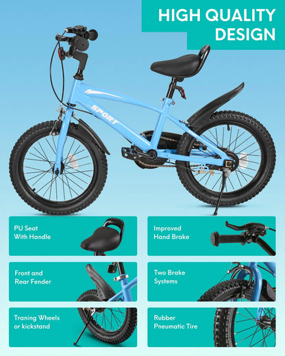 16 Inch Kids Bike, Training Wheels & Kickstand, Dual Handbrake, Adjustable Handlebar & Saddle