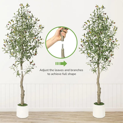 2 Pack Faux Olive Tree Tall, Artificial, Indoor, White Planter, Green Moss