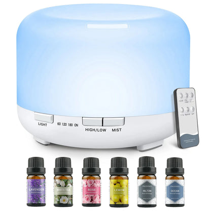 500ML Aromatherapy Oil Diffuser, 6 Bottle 10ML Essential Oil Set (Lavender/Rose/Jasmine/Lemon/Hilton/Ocean)
