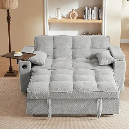 65'' 3-in-1 Folding Convertible Queen Size Pullout Sofa Bed, Modern Chenille Fabric, 360° Swivel Side Table