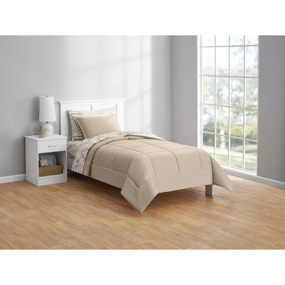 5 Piece Reversible Comforter Set, Sheets Twin XL, Beige Palm Print, Soft Fabric, Machine Washable