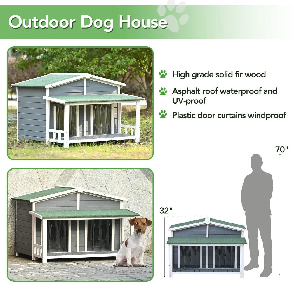 47.2" Large Wooden Dog House Outdoor/Indoor Crate, Cabin Style, With Porch, 2 Doors, Gray And Green