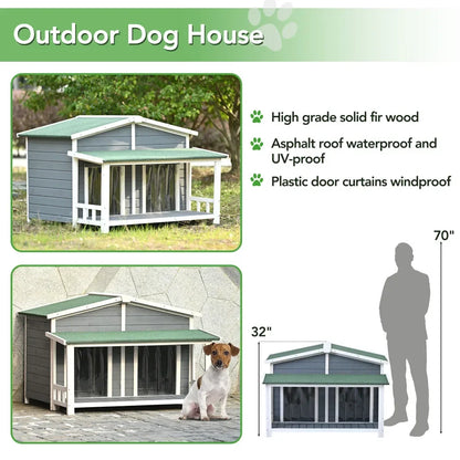 47.2" Large Wooden Dog House Outdoor/Indoor Crate, Cabin Style, With Porch, 2 Doors, Gray And Green