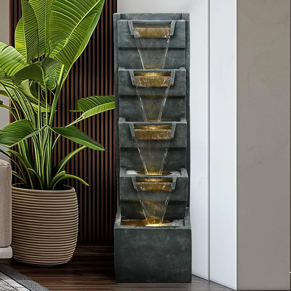 5-Tier Modern Water Fountain, Indoor/Outdoor, Water Sounds, LED Lights, Durable Poly Resin