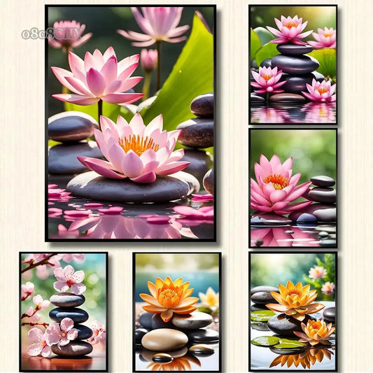 Spa Zen Cherry Blossom, Lily Pink Lotus Canvas, Print Posters, Art for Fitness/Yoga Studio