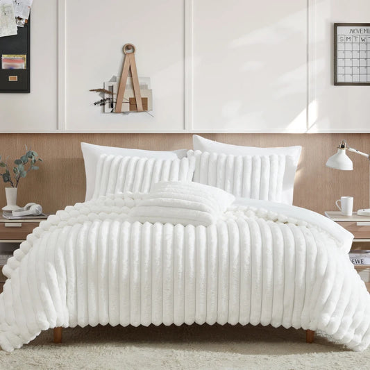 Everett Channel Faux Fur White 4 PC King Comforter Set