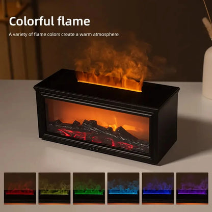 Premium Essential Oil Diffuser with Realistic Fireplace Flame Effect, USB-C Charging, 9.47oz Capacity, 7 Color LED Lights