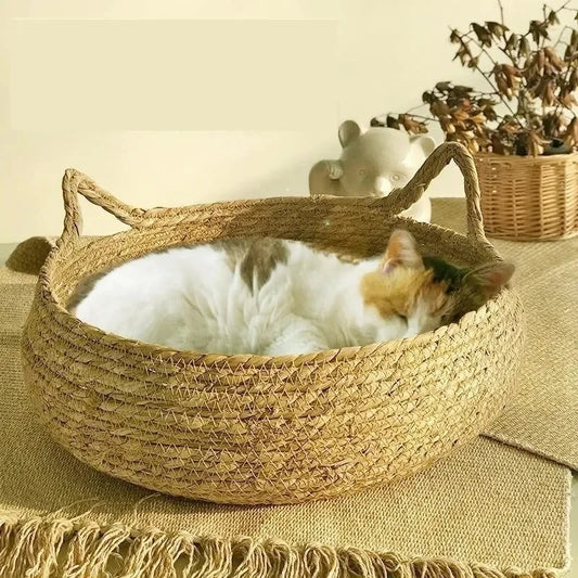 Pure Hand-Woven Rattan Cat Nest, Universal Warm Pad, Removable, Washable