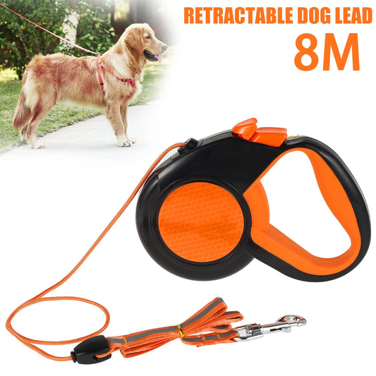 8M Heavy Duty Retractable Dog Lead, Strong Reflective Tape, Non-Slip Handle for Small-Medium-Large Dogs