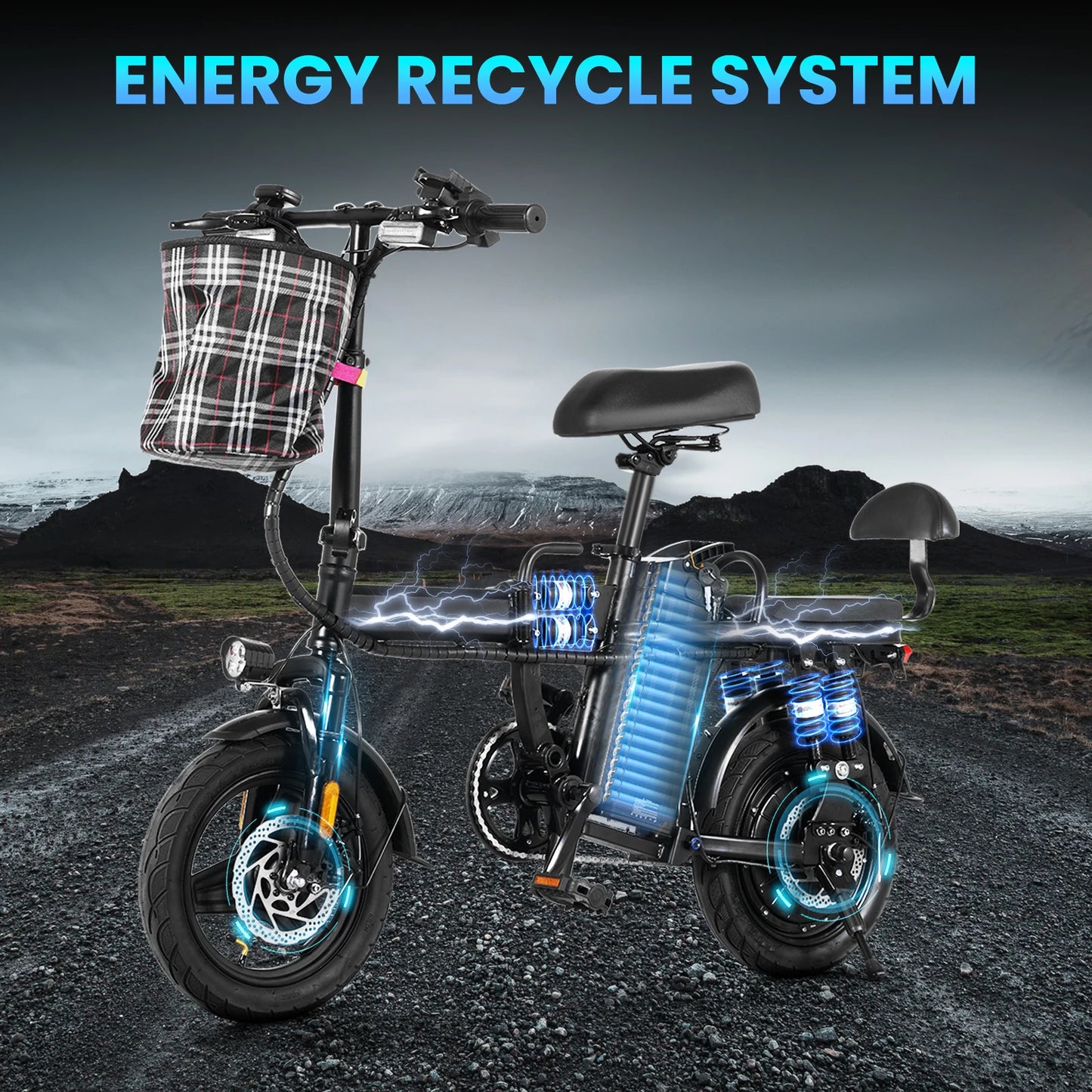 GleeRide A9 2 Seater Electric Bike, 500W 14" Mini Folding Ebike, 48V 15AH Removable Battery, Long Range 50Miles 20MPH