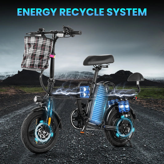GleeRide A9 2 Seater Electric Bike, 500W 14" Mini Folding Ebike, 48V 15AH Removable Battery, Long Range 50Miles 20MPH