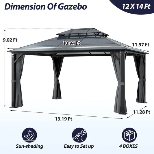 12' x 14' Hardtop Gazebo with Double Polycarbonate Roof, Metal Frame, Netting & Curtains for Outdoor Garden Patio