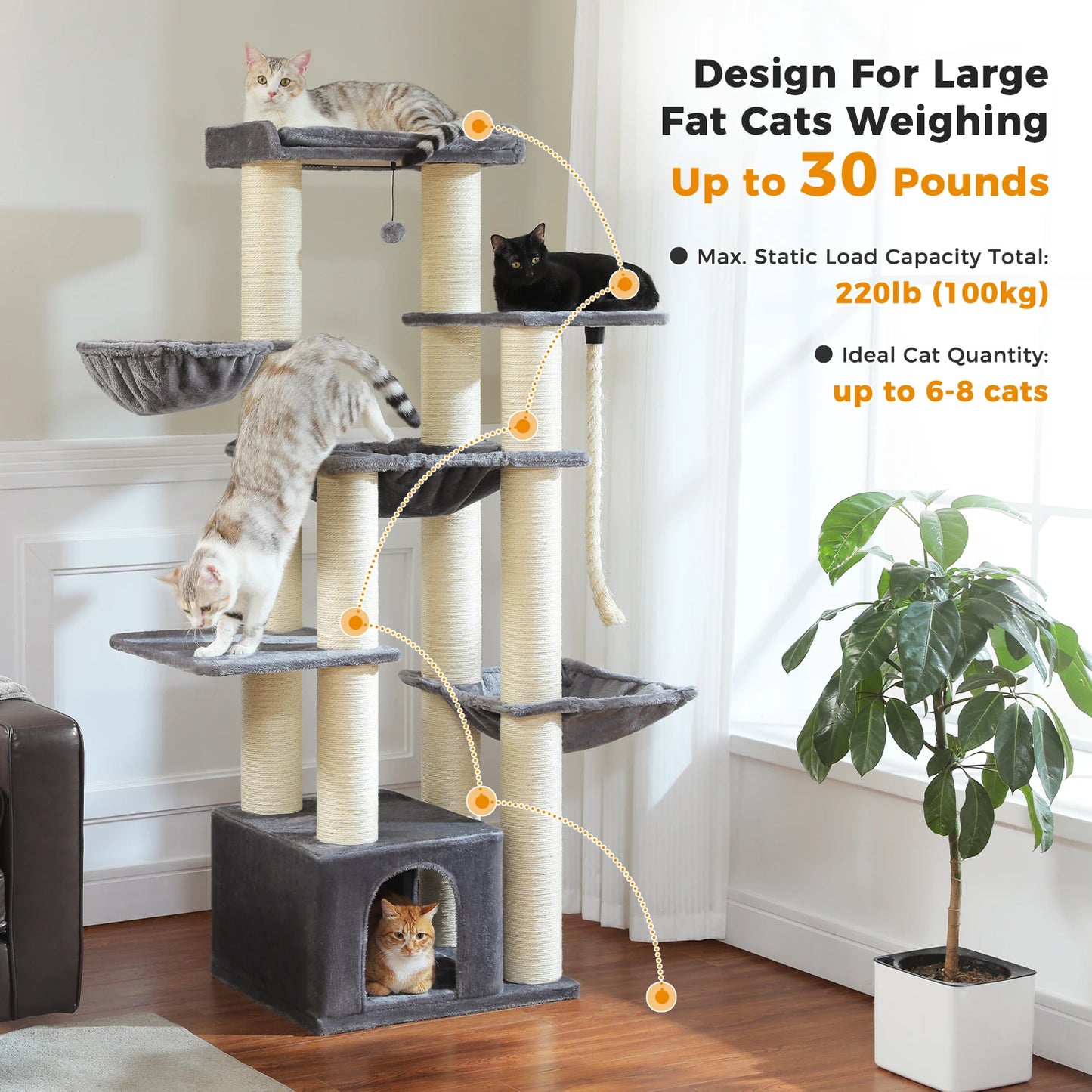 Multi-Level Cat Tree with Scratching Posts, Cozy Condo, Super Large Perch, Deep Hammocks