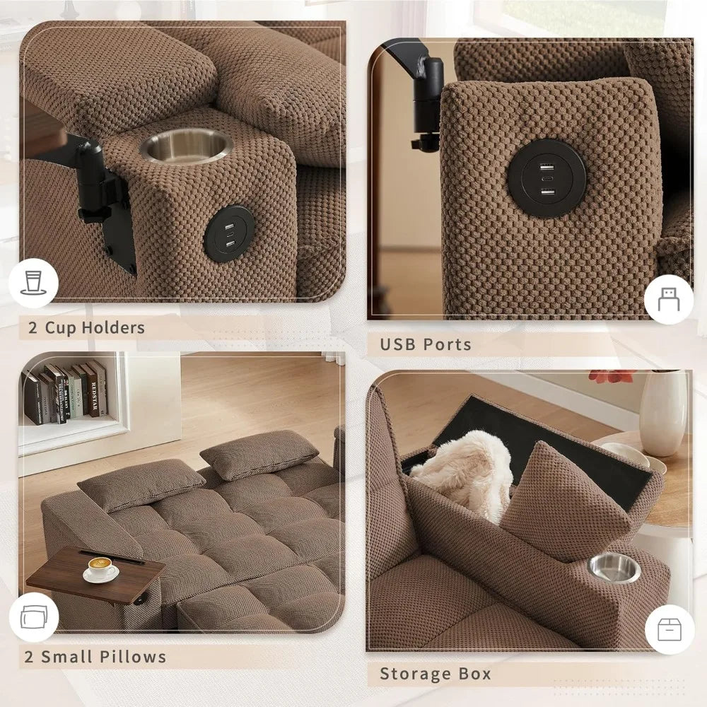 65'' 3-in-1 Folding Convertible Queen Size Pullout Sofa Bed, Modern Chenille Fabric, 360° Swivel Side Table