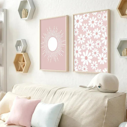 Pink Butterfly Wall Art Nursery, Canvas Prints, Painting, Sun/Rainbow/Daisy/Heart Posters