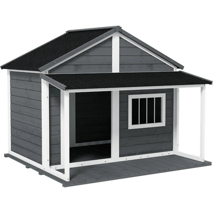 Outdoor Dog House Cabin Style, Wooden Raised Pet Kennel with Asphalt Roof, Front Door, Side Window, Porch for Medium and Large Dogs