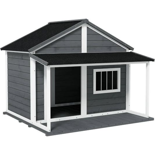 Outdoor Dog House Cabin Style, Wooden Raised Pet Kennel with Asphalt Roof, Front Door, Side Window, Porch for Medium and Large Dogs