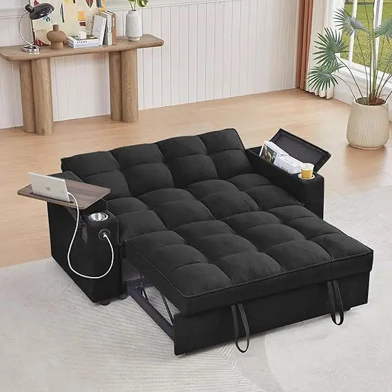 65'' 3-in-1 Folding Convertible Queen Size Pullout Sofa Bed, Modern Chenille Fabric, 360° Swivel Side Table