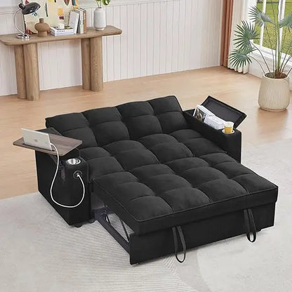 65'' 3-in-1 Folding Convertible Queen Size Pullout Sofa Bed, Modern Chenille Fabric, 360° Swivel Side Table