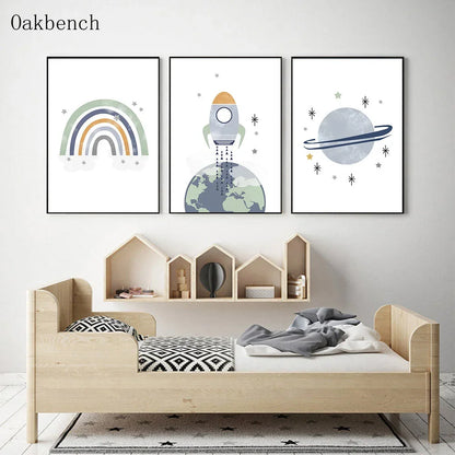 Blue Planet Art Painting, Spaceship, Star Moon Wall Pictures, Rainbow Nursery Wall Posters