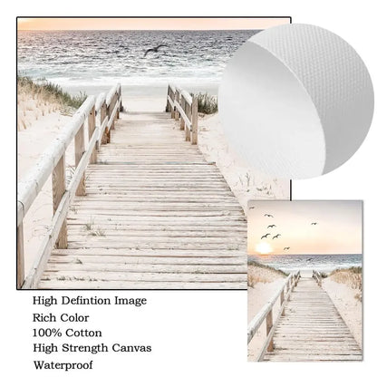 Sunset Sea Lake Boat Bridge Canvas Painting, Seagull Beach Poster, Beige Leaf Reed Wall Art Print