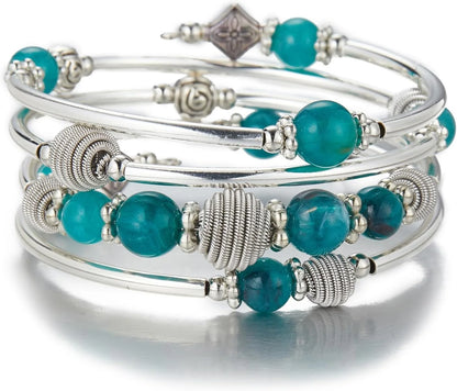 Beaded Chakra Bangle Turquoise Bracelet , Thick Silver Metal and Mala Beads
