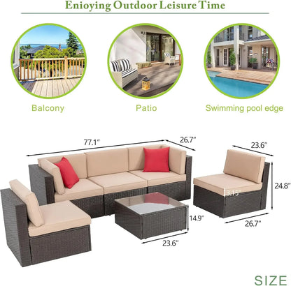 7 Piece Patio Furniture Set with Gas Fire Pit Table, Outdoor Conversation Sets Wicker Rattan Sectional Sofa