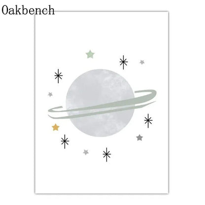 Blue Planet Art Painting, Spaceship, Star Moon Wall Pictures, Rainbow Nursery Wall Posters