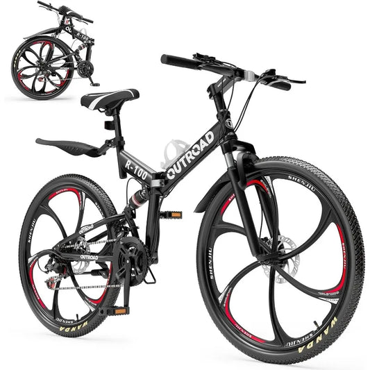 26 Inch Folding Mountain Bike, 21 Speed Full Suspension, High-Carbon Steel, Dual Disc Brake, Non-Slip Quick