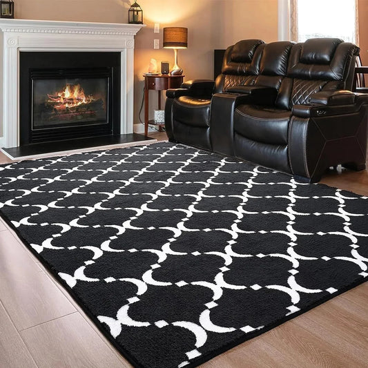 Large Shag Area Rug, Memory Foam, Living Room/Bedroom, Black Plush Geometric