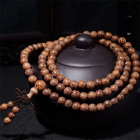 Multilayer 108 Wood Beads, Lotus Bracelet, Tibetan Buddhist Mala, Charm Rosary Bracelet