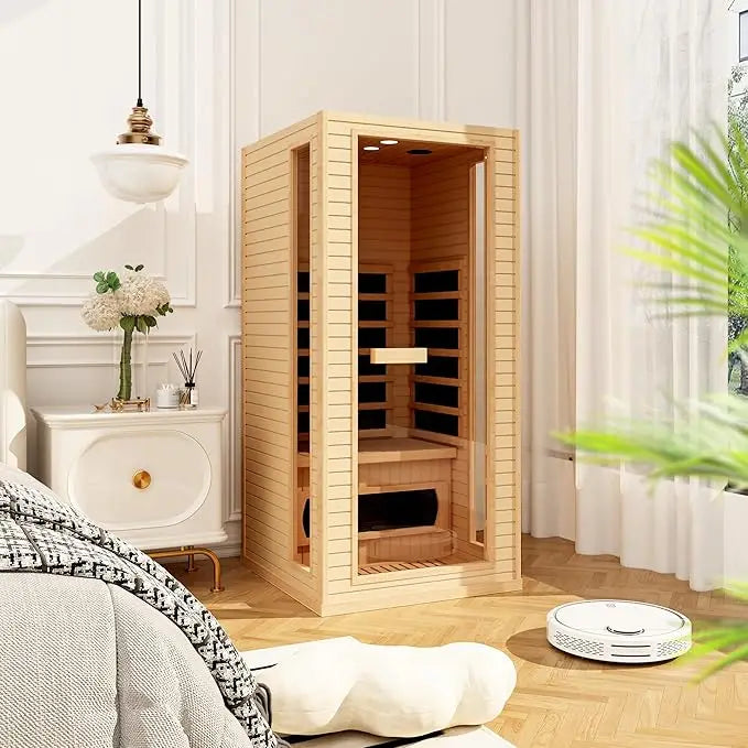 1-Person Outdoor Infrared Wooden Sauna, 3-D Fast Heating Home Spa, Chromotherapy Light