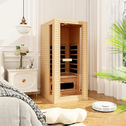 1-Person Outdoor Infrared Wooden Sauna, 3-D Fast Heating Home Spa, Chromotherapy Light