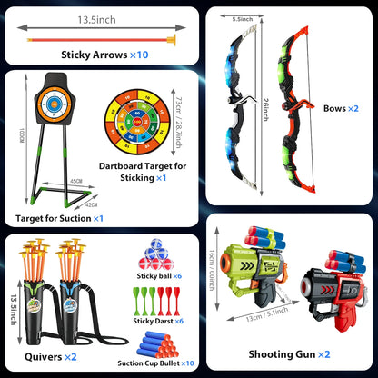 2X Bow Arrow + Guns, Toy For Kids, LED Light Up Archery, Suction Cup, Stand, Dart Board