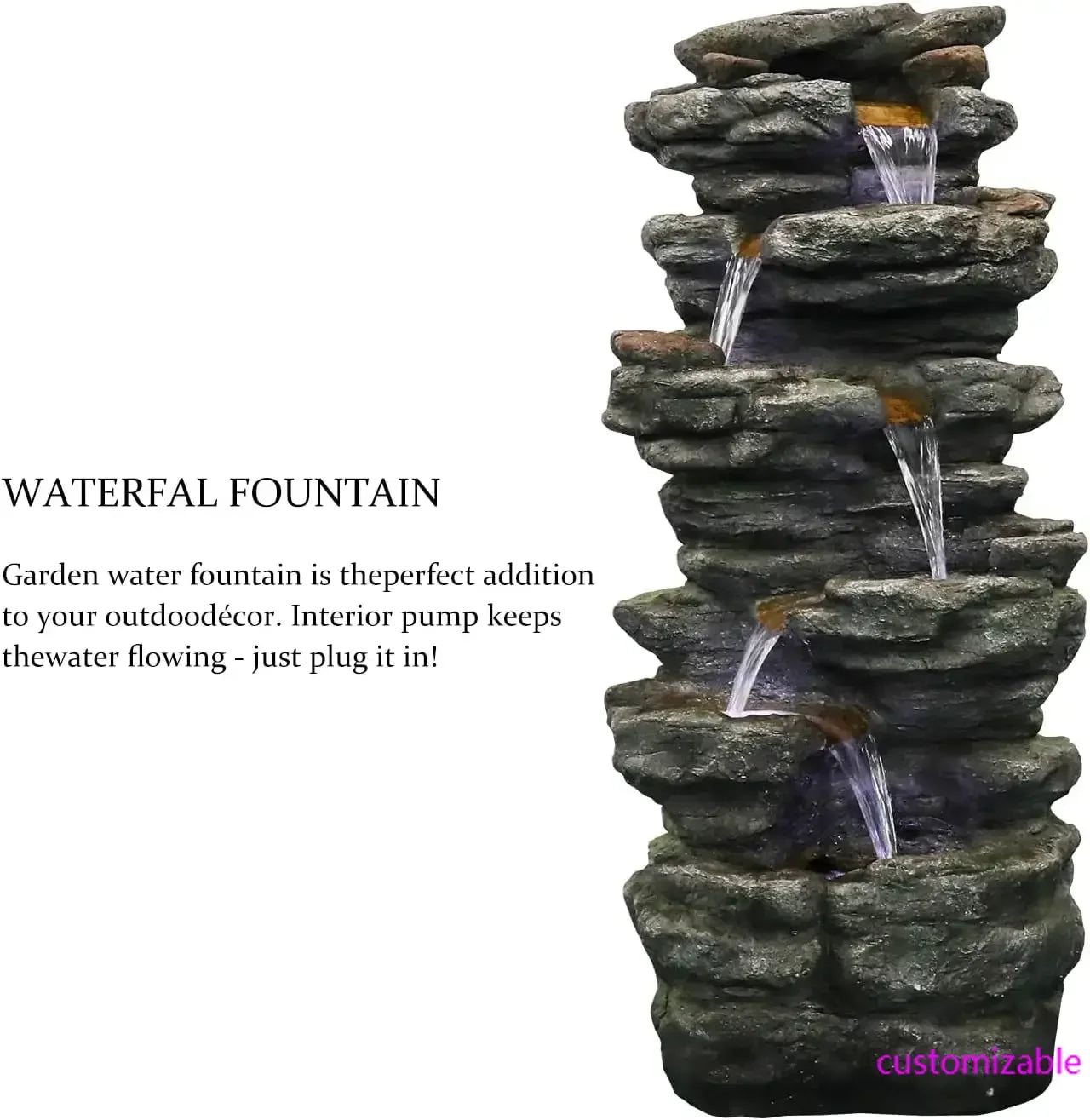 40" High 6-Tiers Cascading Rock Outdoor Water Fountain with LED Lights