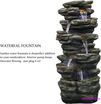 40" High 6-Tiers Cascading Rock Outdoor Water Fountain with LED Lights