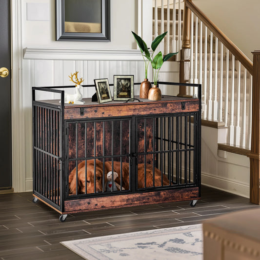 End Table Dog Kennel with Wheels, Feeder Bowls
